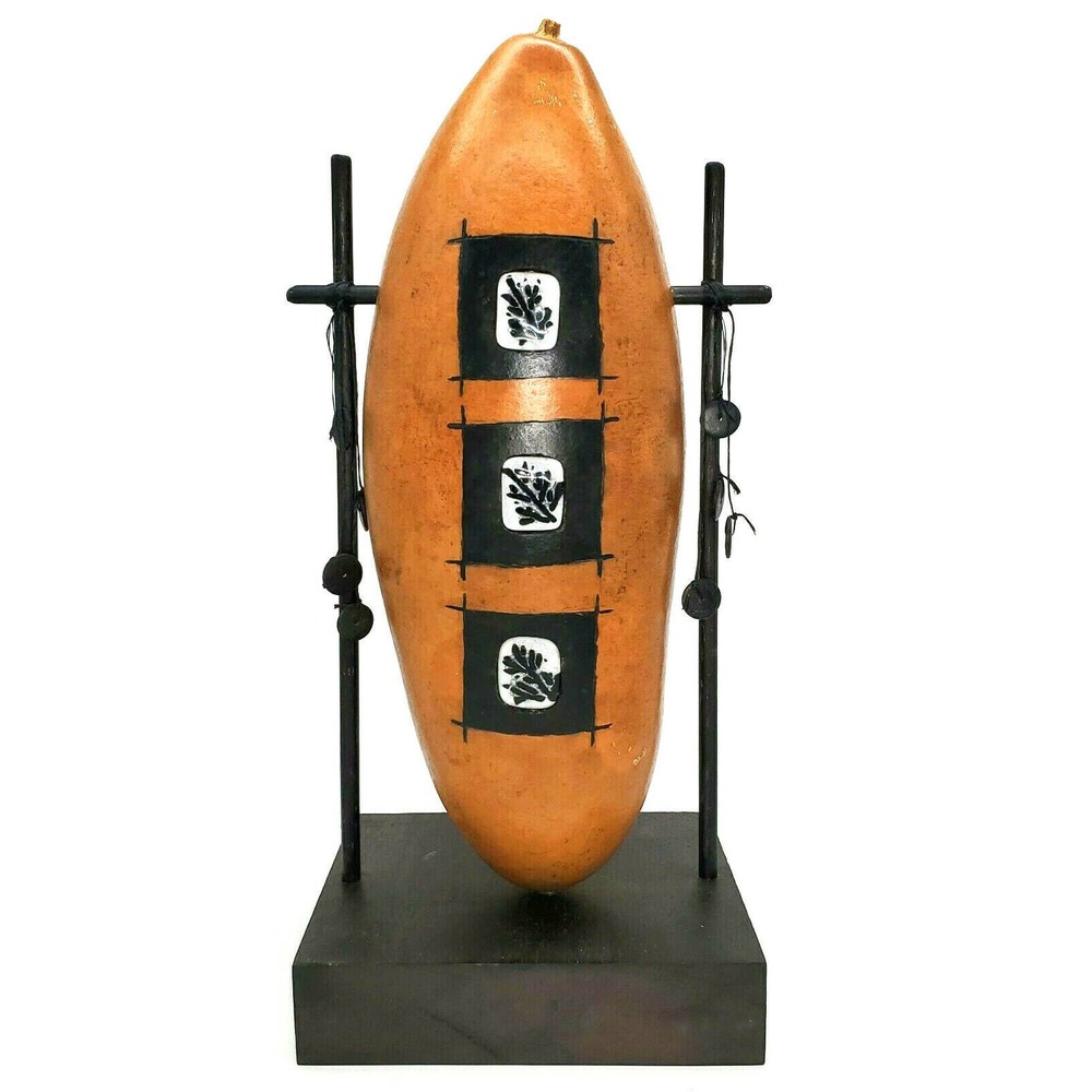 Half Off Hand Carved 18" Gourd Folk Art Glass Inlay, Beads, Wood Stand Sculpture
